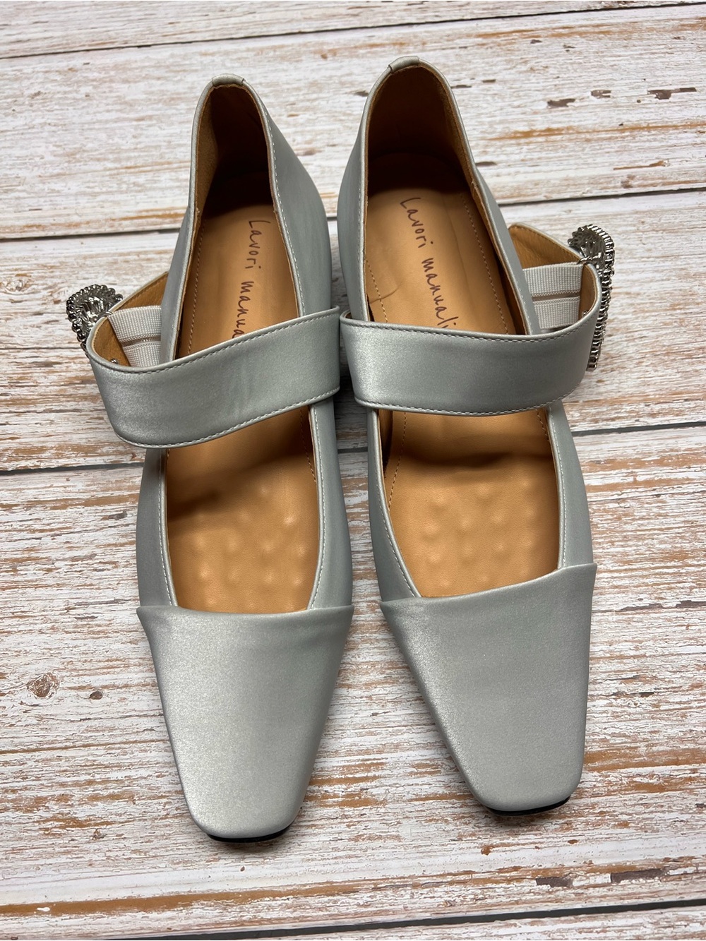 Silver Grey Square-Toe Mary Jane Flats with Buckle Detail
